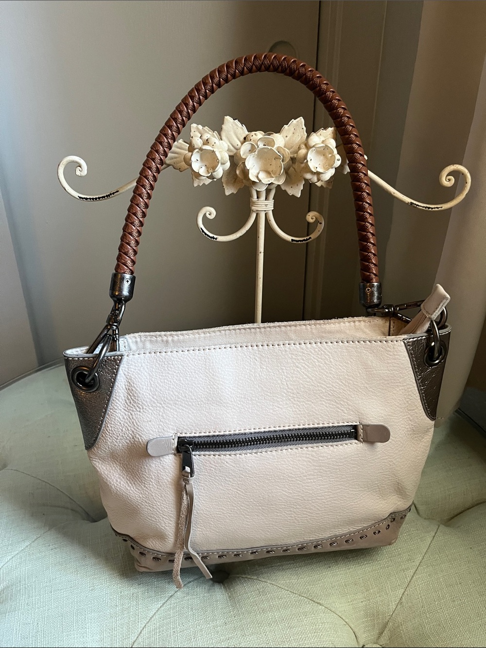 The Sak Cream Pebbled Leather Shoulder Bag with Brown Braided Handle - Picture 2 of 15